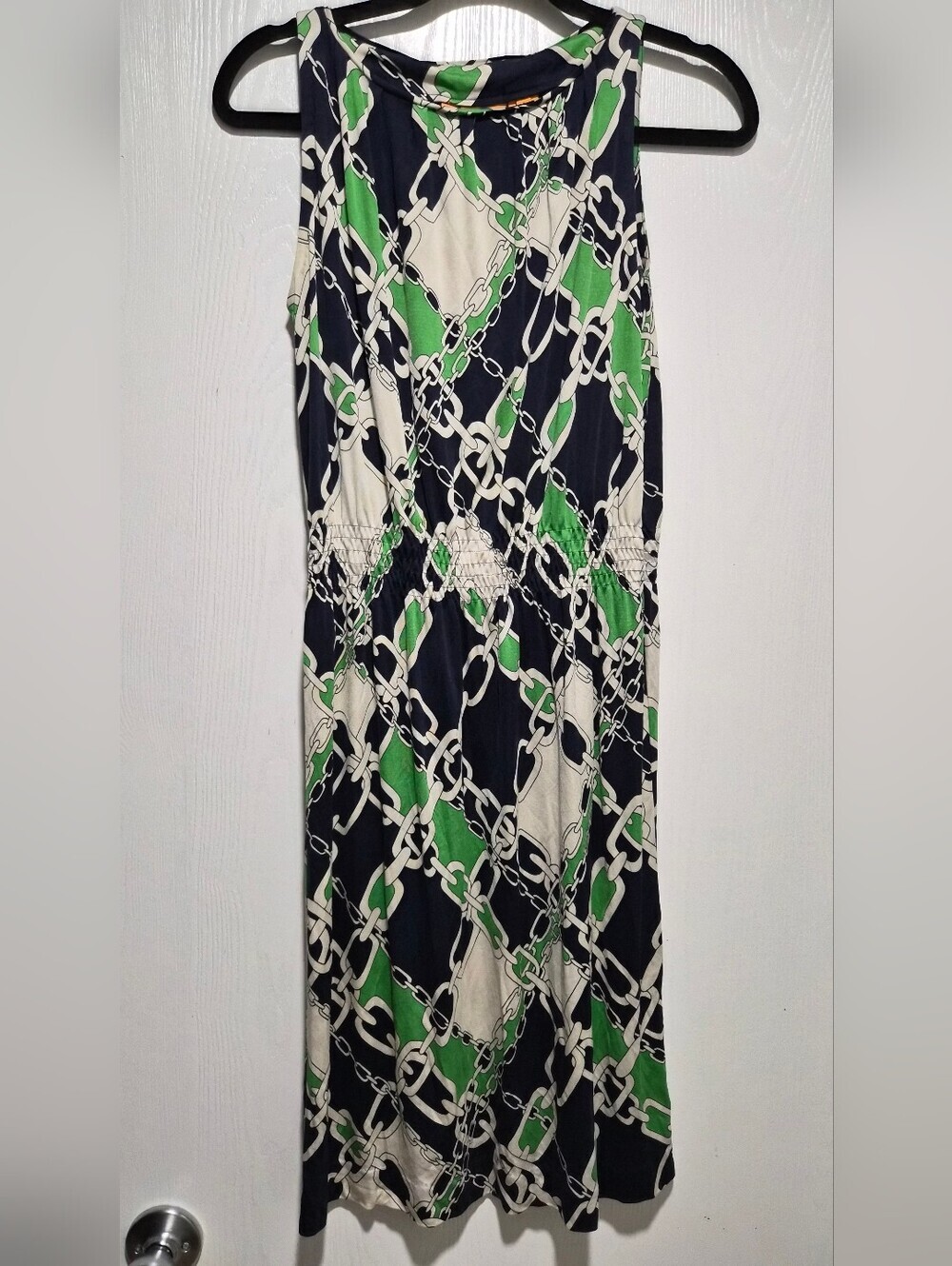 Tory Burch Chain Print 100% Silk Green Midi Dress Size Small